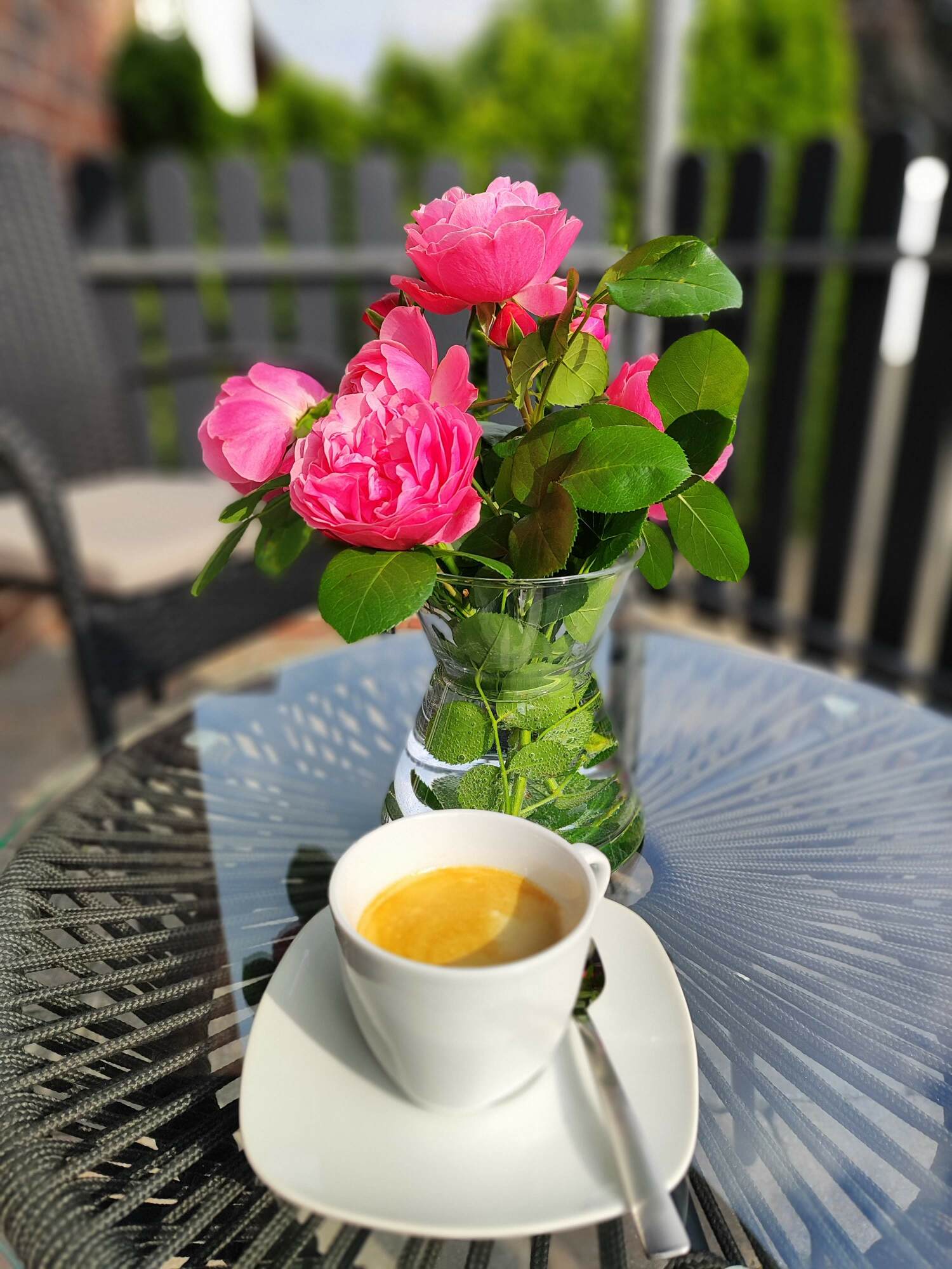 Blumengruss und Tee auf der Terrasse des Apartment Marissa in Billerbeck