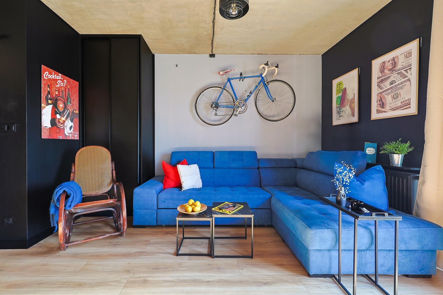 widok na salon i rower twój gospodarz łódź booking airbnb.jpg