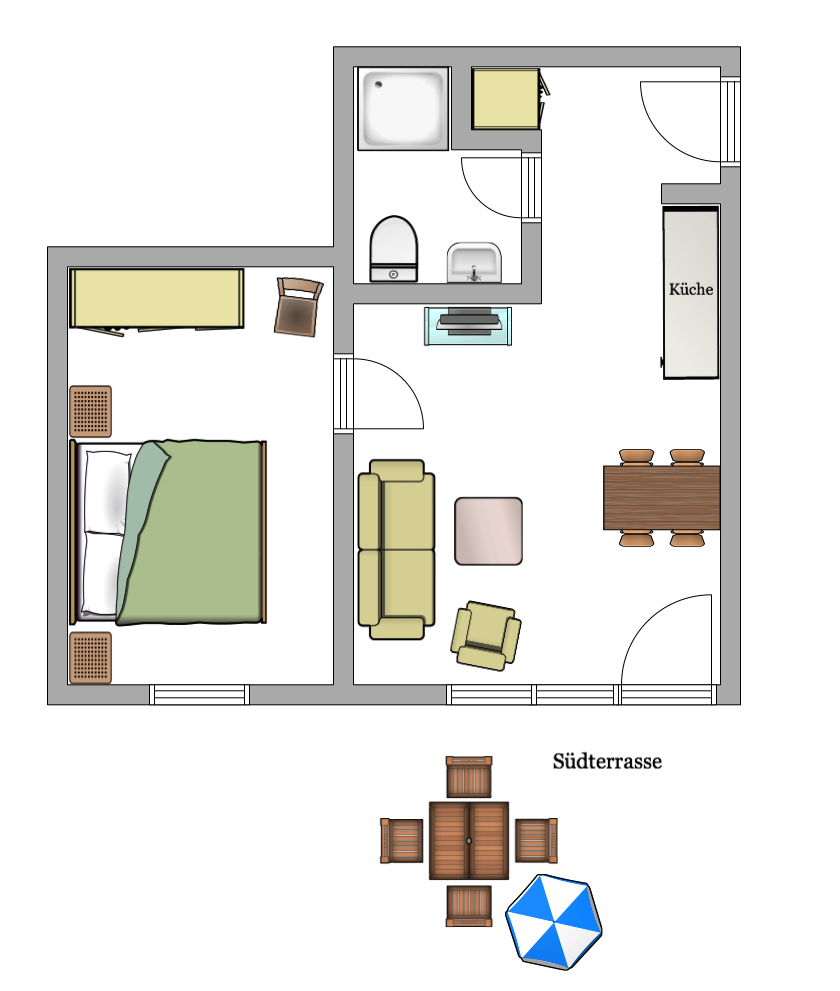 1-Grundriss 2 Zimmer Apartment mit Süd Terrasse und Parkplatz.PNG
